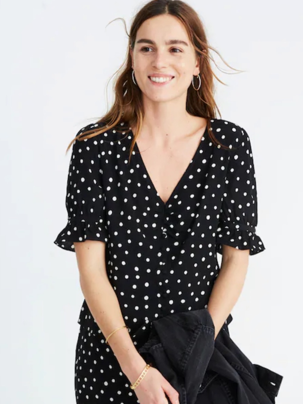 Madewell Black Polka Dot V-Neck Blouse Size 6